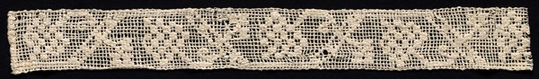 Fragment of a Band with Geometric Pattern and Floral Motif, 19th century. Italy, 19th century. Needle lace, burato (twined ground and darned in one direction); cotton (est.); overall: 5.9 x 48 cm (2 5/16 x 18 7/8 in.)