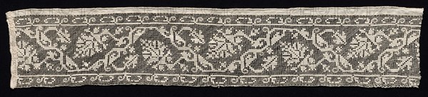 Fragment of a Band with Vines and Leaves, 1600s. Italy, 17th century. Needle lace, filet/lacis (knotted ground and darned in two directions); bleached linen (est.); overall: 12.6 x 64.4 cm (4 15/16 x 25 3/8 in.)