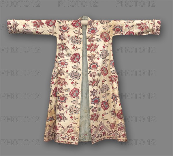 Man's morning coat, 1700-1750. India, Mughal, 18th century. Tabby weave, resist-dyed (mordant resist and batik); cotton and applied gold leaf; overall: 142 x 172 cm (55 7/8 x 67 11/16 in.)