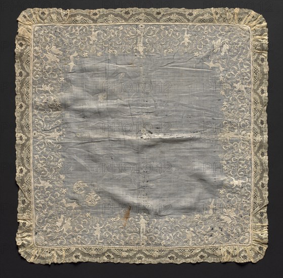 Handkerchief, 1700s. France, 18th century, Period of Louis XV (1723-1774). Embroidery on linen ground; lace edging; overall: 57.2 x 57.2 cm (22 1/2 x 22 1/2 in.)