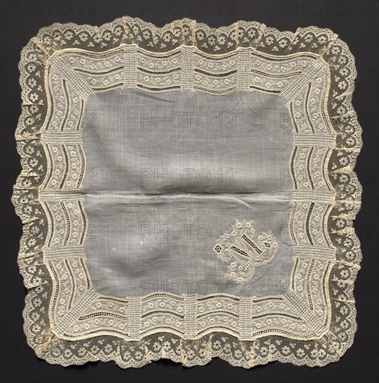 Handkerchief, 1800s. France, 19th century. Embroidery on linen ground; lace edging; overall: 47.6 x 47.6 cm (18 3/4 x 18 3/4 in.)