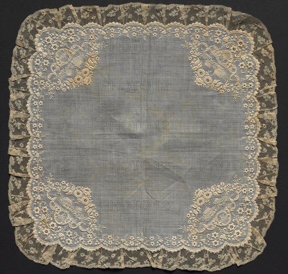 Handkerchief, 1700s. France, 18th century. Embroidery on linen ground; lace edging; overall: 46.3 x 46.3 cm (18 1/4 x 18 1/4 in.)
