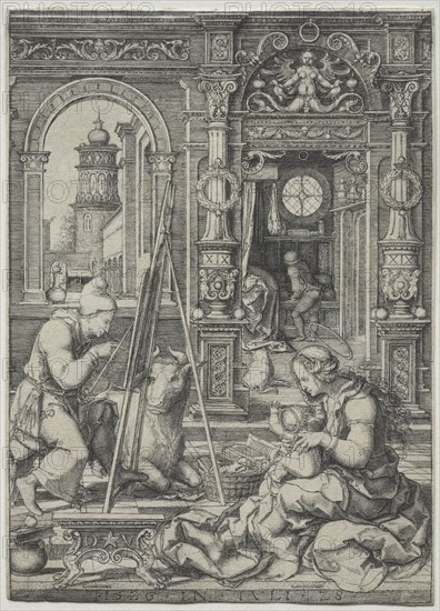 St. Luke Painting the Virgin, 1526. Dirk Vellert (Netherlandish, 1480/85-1547). Engraving