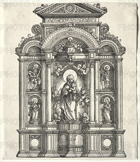 Great Altar with the Virgin, in a border with SS. Christopher, George, Barbara, Catherine, 1520. Albrecht Altdorfer (German, c. 1480-1538). Woodcut