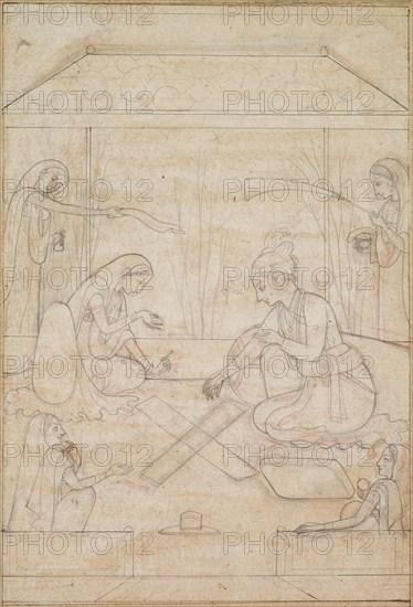 Couple Playing Chaupar on a Terrace, c. 1790-1800. India, Pahari, Kangra school, late 18th Century. Drawing with red ochre underdrawing; overall: 19.4 x 13.2 cm (7 5/8 x 5 3/16 in.).