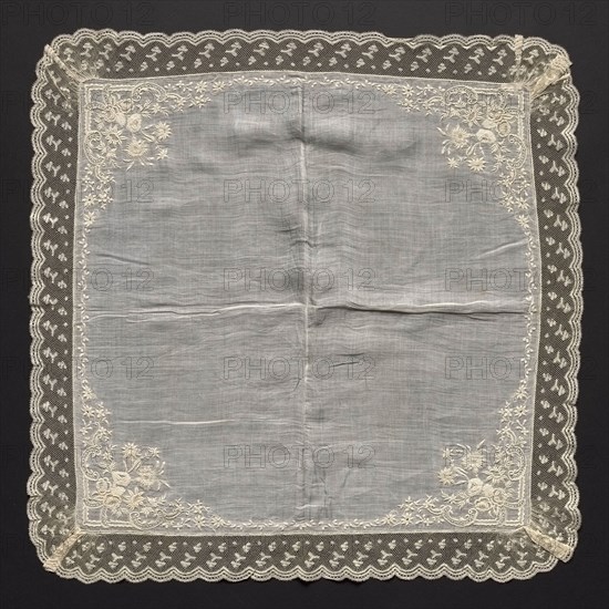 Handkerchief, 1700s. Flanders, 18th century, Louis XVI Period. Embroidery on linen ground; lace edging; overall: 52.1 x 52.1 cm (20 1/2 x 20 1/2 in.)