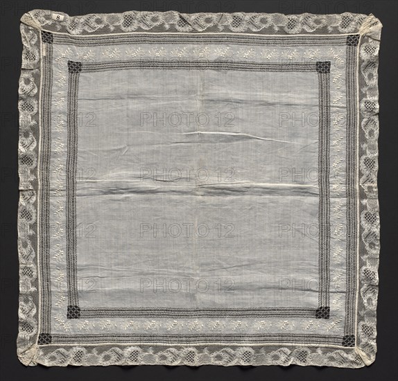 Handkerchief, 1800s. Flanders, 19th century. Embroidery and drawn work on linen ground; machine made lace edging; overall: 61 x 61 cm (24 x 24 in.).