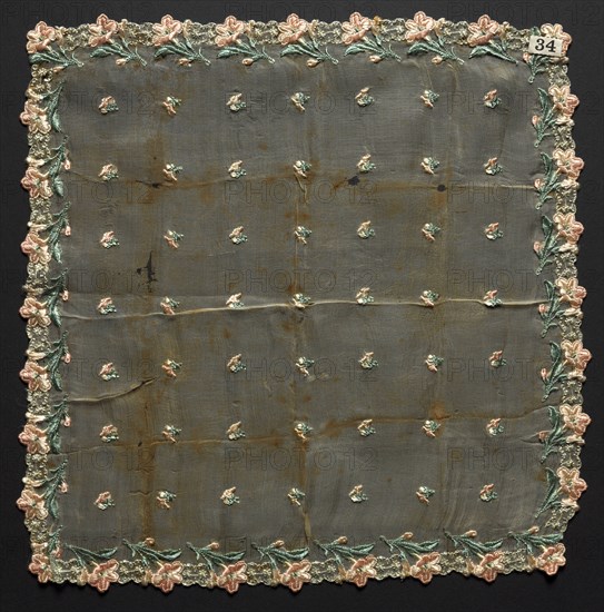 Handkerchief, 1889. Cuba, late 19th century. Pineapple cloth, embroidered in silk; overall: 33.7 x 33.7 cm (13 1/4 x 13 1/4 in.).
