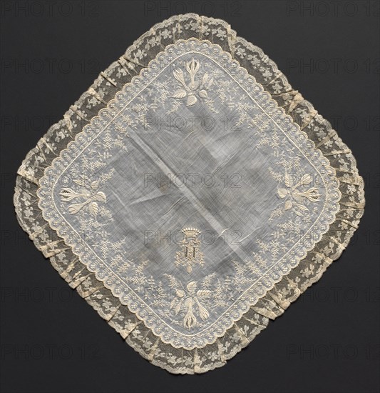 Handkerchief, 1800s. France or Flanders, 19th century. Embroidery on linen ground; lace edging; overall: 45.1 x 45.7 cm (17 3/4 x 18 in.).