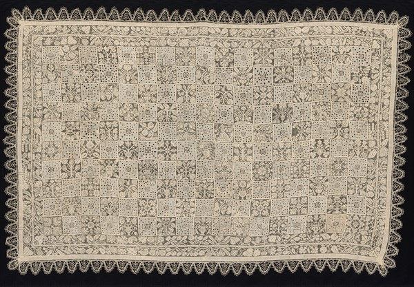 Cloth with One Figure of a Woman Carrying a Cross Surrounded by Floral and Vegetal Patterns, 18th century. Italy, 18th century. Needle lace, filet/lacis (knotted ground and darned in two directions), alternating reticella squares (open cutwork) and bobbin lace edging; bleached linen (est.); overall: 196.7 x 130.6 cm (77 7/16 x 51 7/16 in.)