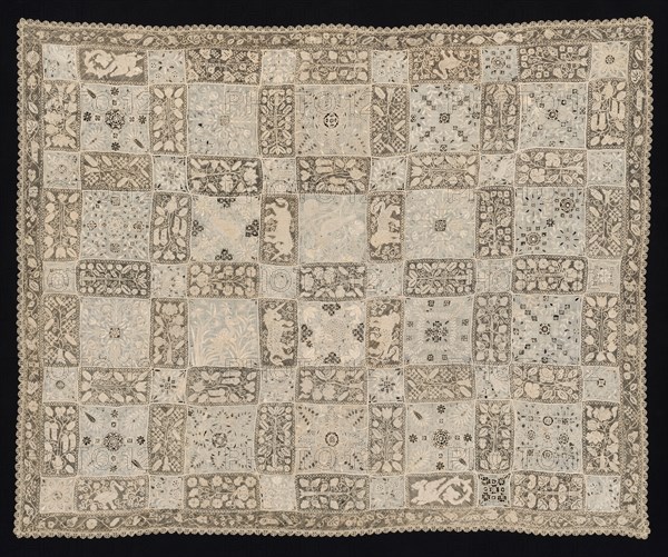 Cloth with Unicorns, Dragons, Other Animals, and Floral Patterns, 19th century. Italy, 19th century. Needle lace, filet/lacis (knotted ground and darned in two directions) and alternating cutwork, embroidered squares, and bobbin lace edging; bleached linen (est.); overall: 113.5 x 138 cm (44 11/16 x 54 5/16 in.)
