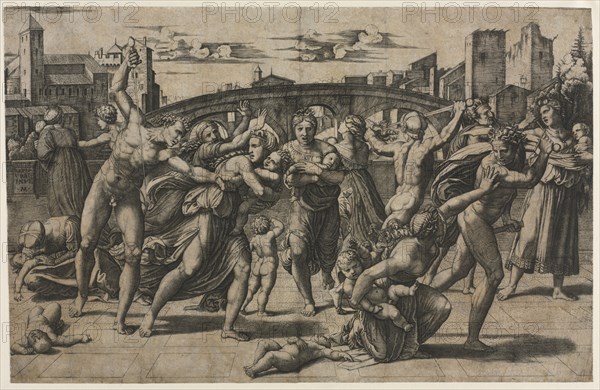 Massacre of the Innocents (With the Fir Tree), c. 1511-1512. Marcantonio Raimondi (Italian, 1470/82-1527/34), after Raphael (Italian, 1483-1520). Engraving