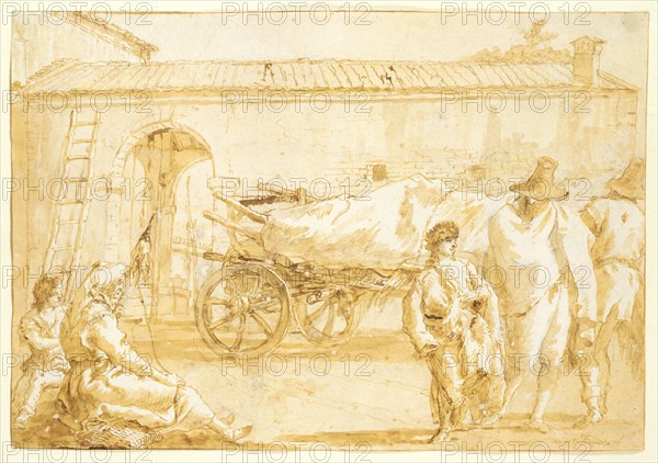 Peasants with a Farm-cart, c. 1790. Giovanni Domenico Tiepolo (Italian, 1727-1804). Pen and brown ink and brush and brown wash over black chalk; framing lines in brown ink over black chalk; sheet: 28.6 x 41.3 cm (11 1/4 x 16 1/4 in.).