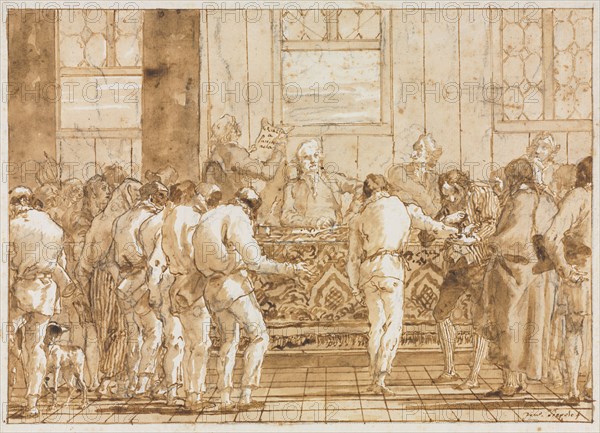 The Trial, 1790s. Giovanni Domenico Tiepolo (Italian, 1727-1804). Pen and brown ink and brush and brown wash, with black chalk; framing lines in brown ink over graphite; sheet: 35 x 46.4 cm (13 3/4 x 18 1/4 in.); image: 29.3 x 41.3 cm (11 9/16 x 16 1/4 in.).