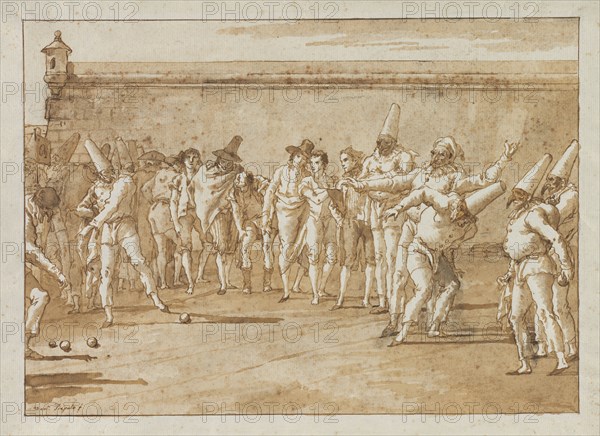The Game of Bowls, 1790s. Giovanni Domenico Tiepolo (Italian, 1727-1804). Pen and brown ink and brush and brown wash, over traces of black chalk; framing lines in brown ink over graphite; sheet: 35.5 x 47.3 cm (14 x 18 5/8 in.); image: 29.7 x 41.6 cm (11 11/16 x 16 3/8 in.).