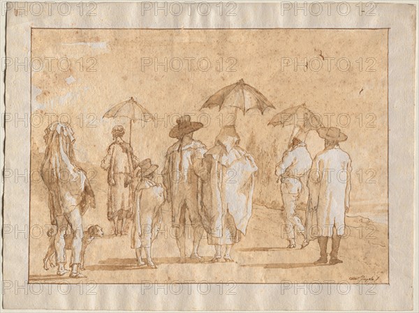 A Spring Shower, 1790s-1804. Giovanni Domenico Tiepolo (Italian, 1727-1804). Pen and brown ink and brush and brown wash over black chalk; framing lines in brown ink over graphite; sheet: 35.5 x 47.1 cm (14 x 18 9/16 in.); image: 29.6 x 41.5 cm (11 5/8 x 16 5/16 in.).
