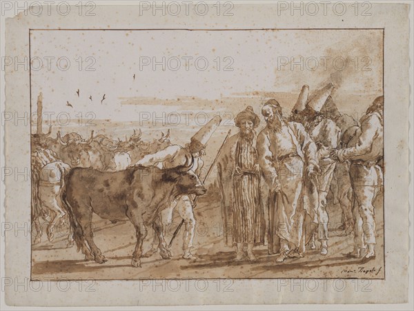 The Cattle Vendor, 1790s. Giovanni Domenico Tiepolo (Italian, 1727-1804). Pen and brown ink and brush and brown wash, over black chalk; framing lines in brown ink and graphite; sheet: 35.4 x 47.3 cm (13 15/16 x 18 5/8 in.); image: 29.5 x 41.7 cm (11 5/8 x 16 7/16 in.).