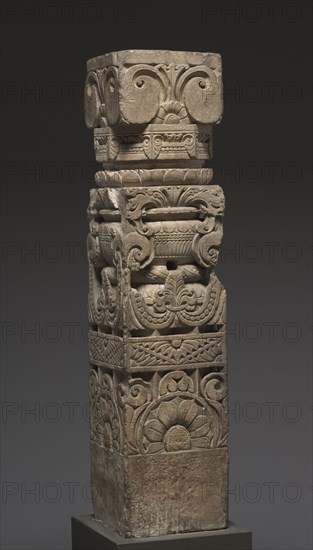 Monolithic Pillar, 600s-700s. Northern India, Mathura, early medieval period, 7th-8th century. Red sandstone; overall: 109.9 x 25.4 cm (43 1/4 x 10 in.)