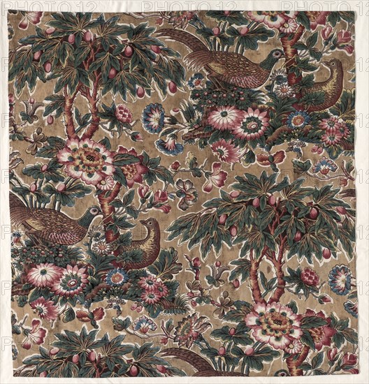 Glazed Chintz with Pheasant and Flower Design, c. 1816. Bannister Hall (British). Roller printed cotton; overall: 71.4 x 63.9 cm (28 1/8 x 25 3/16 in.)