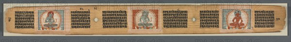 Perfection of Wisdom in Eight Thousand Lines: Ashtasahasrika Prajnaparamita: Decorated Leaf (recto), 1119. India, Bihar, Vikramashila Monastery. Ink and color on palm leaf; leaf: 5.4 x 56.2 cm (2 1/8 x 22 1/8 in.).