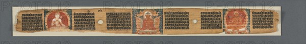 Perfection of Wisdom in Eight Thousand Lines: Ashtasahasrika Prajnaparamita: Decorated Leaf (recto), 1119. India, Bihar, Vikramashila Monastery. Ink and color on palm leaf; leaf: 5.4 x 56.2 cm (2 1/8 x 22 1/8 in.).
