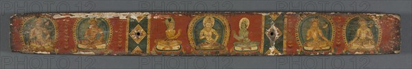 Perfection of Wisdom in Eight Thousand Lines: Ashtasahasrika Prajnaparamita: Back Cover, 1119. India, Bihar, Vikramashila Monastery. Palm-leaf pages, wooden covers; ink and color on palm leaves; overall: 6.5 x 57 x 1.5 cm (2 9/16 x 22 7/16 x 9/16 in.).
