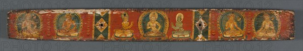Perfection of Wisdom in Eight Thousand Lines: Ashtasahasrika Prajnaparamita, 1119. India, Bihar, Vikramashila Monastery. Palm-leaf pages, wooden covers; ink and color on palm leaves; overall: 6.5 x 57 x 1.5 cm (2 9/16 x 22 7/16 x 9/16 in.).