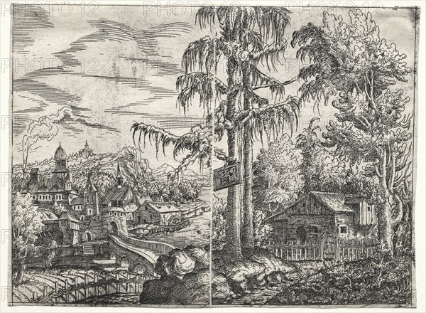 Landscape with the Town on a River and The Cottage between Trees, 1551. Hanns Lautensack (German, 1524-1566). Etching