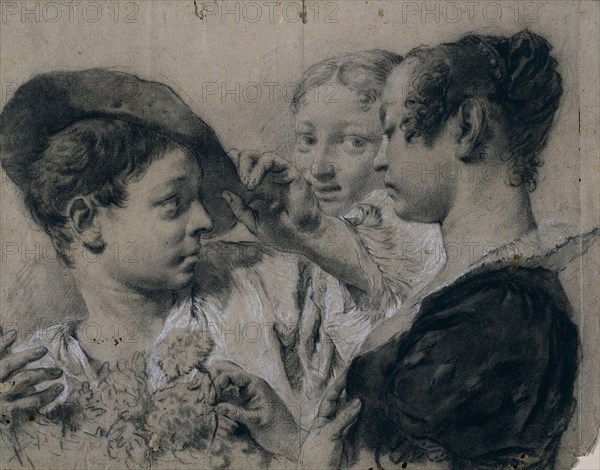 A Young Woman Buying a Pink from a Young Man, c. 1740. Giovanni Battista Piazzetta (Italian, 1682-1754). Black crayon (wetted and rubbed) heightened with white chalk ; sheet: 42.7 x 54.9 cm (16 13/16 x 21 5/8 in.).