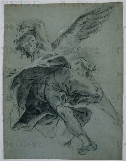 A Flying Angel (recto); Studies of Hands Playing Instruments (verso), 1723-1727. Giovanni Battista Piazzetta (Italian, 1682-1754). Black chalk heightened with traces of white chalk; sheet: 56.3 x 42.6 cm (22 3/16 x 16 3/4 in.).