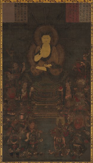 Medicine Master Buddha (Yakushi Nyorai) and the Twelve Divine Generals (Junishinsho), 1200s. Japan, Kamakura period (1185-1333). Hanging scroll; ink, color, and gold on silk; image: 151.2 x 84.1 cm (59 1/2 x 33 1/8 in.); overall: 261 x 106.6 cm (102 3/4 x 41 15/16 in.); with knobs: 261 x 113.3 cm (102 3/4 x 44 5/8 in.).