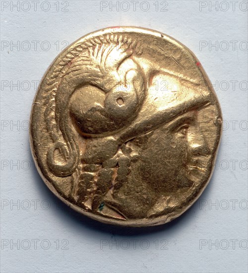 Stater: Athena (obverse), 336-323 BC. Greece, Macedonia, reign of Alexander the Great (336-323 BC). Gold; diameter: 1.6 cm (5/8 in.).