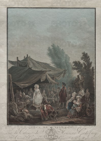 Village Wedding, 1785. Charles-Melchior Descourtis (French, 1753-1820), after Nicolas Antoine Taunay (French, 1755-1830). Lavis-manner color engraving and etching; sheet: 36.7 x 27.6 cm (14 7/16 x 10 7/8 in.); border: 30.7 x 23.3 cm (12 1/16 x 9 3/16 in.)