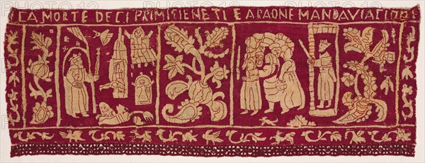 Embroidered Border: The Death of the First Born and the Israelites Sent Away, 1500s-1600s. Italy, 16th-17th century. Embroidery; silk on linen; overall: 18.1 x 50.2 cm (7 1/8 x 19 3/4 in.)