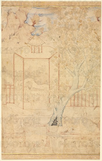 Master and Disciple in a Garden Pavillion; Single Page Illustration, c. 1570-1590s. Iran, Qazvin, Safavid Period, late 16th Century. Ink and watercolor on paper; image: 19.8 x 13.3 cm (7 13/16 x 5 1/4 in.); overall: 21.2 x 13.3 cm (8 3/8 x 5 1/4 in.).