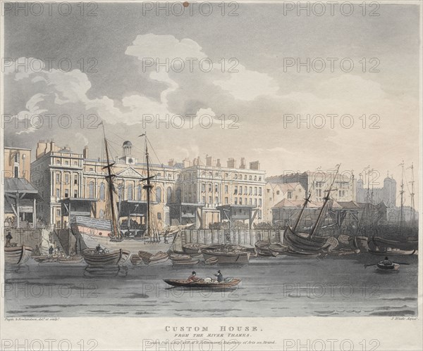 Customs House, from the Thames River, 1808. J. Bluck (British), after Thomas Rowlandson (British, 1756-1827). Engraving and aquatint colored by hand