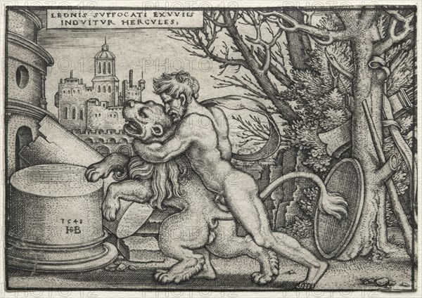 The Labors of Hercules:  Hercules Strangling the Nemean Lion, 1548. Hans Sebald Beham (German, 1500-1550). Engraving