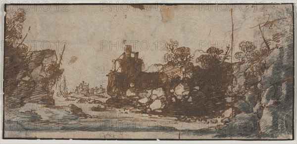 Rocky Inlet with Boats and Buildings (recto), 1600s. Netherlands, 17th century. Pen and brown ink, point of brush and black and gray wash, and brush and gray wash over traces of graphite; framing lines in brown ink (iron gall); sheet: 6.9 x 14.8 cm (2 11/16 x 5 13/16 in.).
