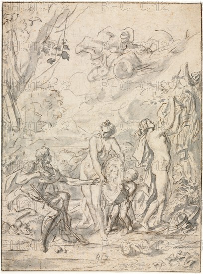 The Judgment of Paris, c. 1740-1750. France, 18th century. Black chalk and brush and gray wash; framing lines in black chalk; sheet: 28.2 x 21 cm (11 1/8 x 8 1/4 in.).