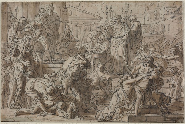 Roman Subject, 1700s. Attributed to Philibert Benoît Delarue (French, 1718-1780). Pen and black ink and brush and brown wash over black chalk, heightened with white gouache; framing lines in brown ink; sheet: 24.2 x 36.3 cm (9 1/2 x 14 5/16 in.); secondary support: 24.2 x 36.3 cm (9 1/2 x 14 5/16 in.).