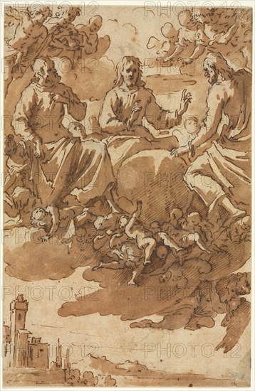 Christ in Glory with Two Saints, first third 17th century. Marcantonio Bassetti (Italian, 1586-1630). Pen and brown ink and brush and brown wash with graphite; sheet: 25.5 x 16.6 cm (10 1/16 x 6 9/16 in.); secondary support: 25.5 x 16.6 cm (10 1/16 x 6 9/16 in.).