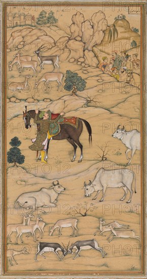 Akbar Mounting his Horse; page from the Chester Beatty Akbar Nama (History of Akbar), 1605-07. Attributed to Sur Das Gujarati (Indian, active 16th century). Ink and color on paper; Nim qalam drawing; image: 23 x 12.4 cm (9 1/16 x 4 7/8 in.); overall: 43.2 x 28.2 cm (17 x 11 1/8 in.).
