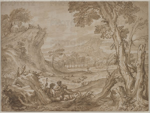 Landscape with Shepherds, c. 1700?. Domenico I Piola (Italian, 1627-1703). Pen and brown ink and brush and brown wash over traces of black chalk; framing lines in brown ink; sheet: 35.7 x 47.8 cm (14 1/16 x 18 13/16 in.); secondary support: 35.7 x 47.8 cm (14 1/16 x 18 13/16 in.).