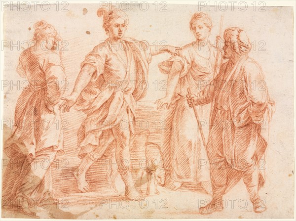 Jacob and Laban with Rachel and Leah, 1600s. Italy, Bologna, 17th century. Red chalk; sheet: 21.3 x 29.2 cm (8 3/8 x 11 1/2 in.).