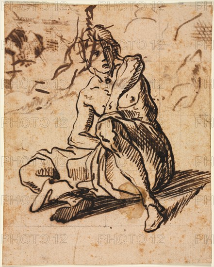 Seated Figure, 1600s. Italy, 17th century. Pen and brown ink (iron gall?) over black chalk; squared in black chalk; sheet: 19.9 x 16 cm (7 13/16 x 6 5/16 in.); secondary support: 19.9 x 16 cm (7 13/16 x 6 5/16 in.).
