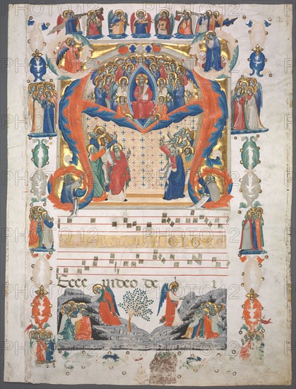 Single Leaf Excised from an Antiphonary: Inital A[spiciens a longe] with Christ in Majesty, c. 1330-1350. Italy, Tuscany or Umbria, 14th century. Ink, tempera, and gold on vellum; sheet: 57.8 x 40.7 cm (22 3/4 x 16 in.); framed: 72.5 x 55 x 4 cm (28 9/16 x 21 5/8 x 1 9/16 in.); folio: 72.5 x 55 x 4 cm (28 9/16 x 21 5/8 x 1 9/16 in.).