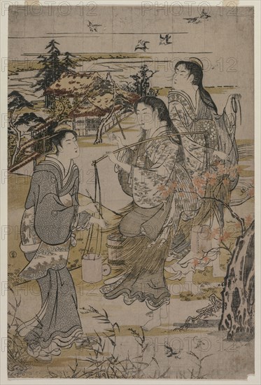 Women with Salt Pails; The Noda Tama River in Mutsu Province, from an untitled series of the Six Tama Rivers, late 1780s. Kubo Shunman (1757-1820). Color woodblock print; sheet: 37.8 x 25.2 cm (14 7/8 x 9 15/16 in.).