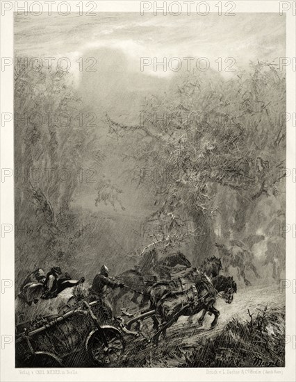 Essay on Stone with Brush and Scraper:  The Convoy of Prisoners through a Woods, 1851. Adolph von Menzel (German, 1815-1905). Lithograph