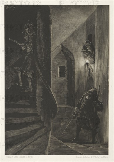 Essay on Stone with Brush and Scraper:  Chase on the Winding Staircase, 1851. Adolph von Menzel (German, 1815-1905). Lithograph