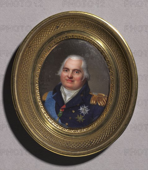 Portrait of Louis XVIII, 1822. Jean-Baptiste Jacques Augustin (French, 1759-1832). Enamel in a stamped gilt metal mount; framed: 7.7 x 6.8 cm (3 1/16 x 2 11/16 in.); sight: 4.9 x 3.9 cm (1 15/16 x 1 9/16 in.)